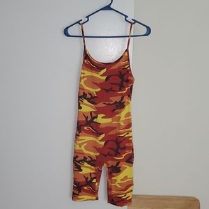 Red, yellow, orange, and black fatigue jumpsuit